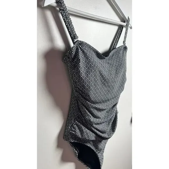 DKNY Women's Black & White Geometric Print Adjustable Strap One Piece Swimsuit L - Picture 6 of 13